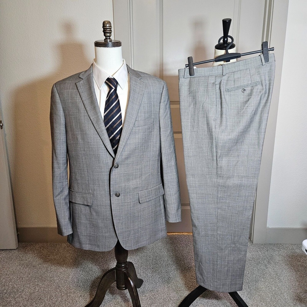 Tasso Elba 2PCs Suit Blazer Men 42L Pants 35x29 100% Wool Gray Plaid‎